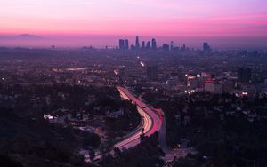 Preview wallpaper city, aerial view, road, sunset, los angeles, united states