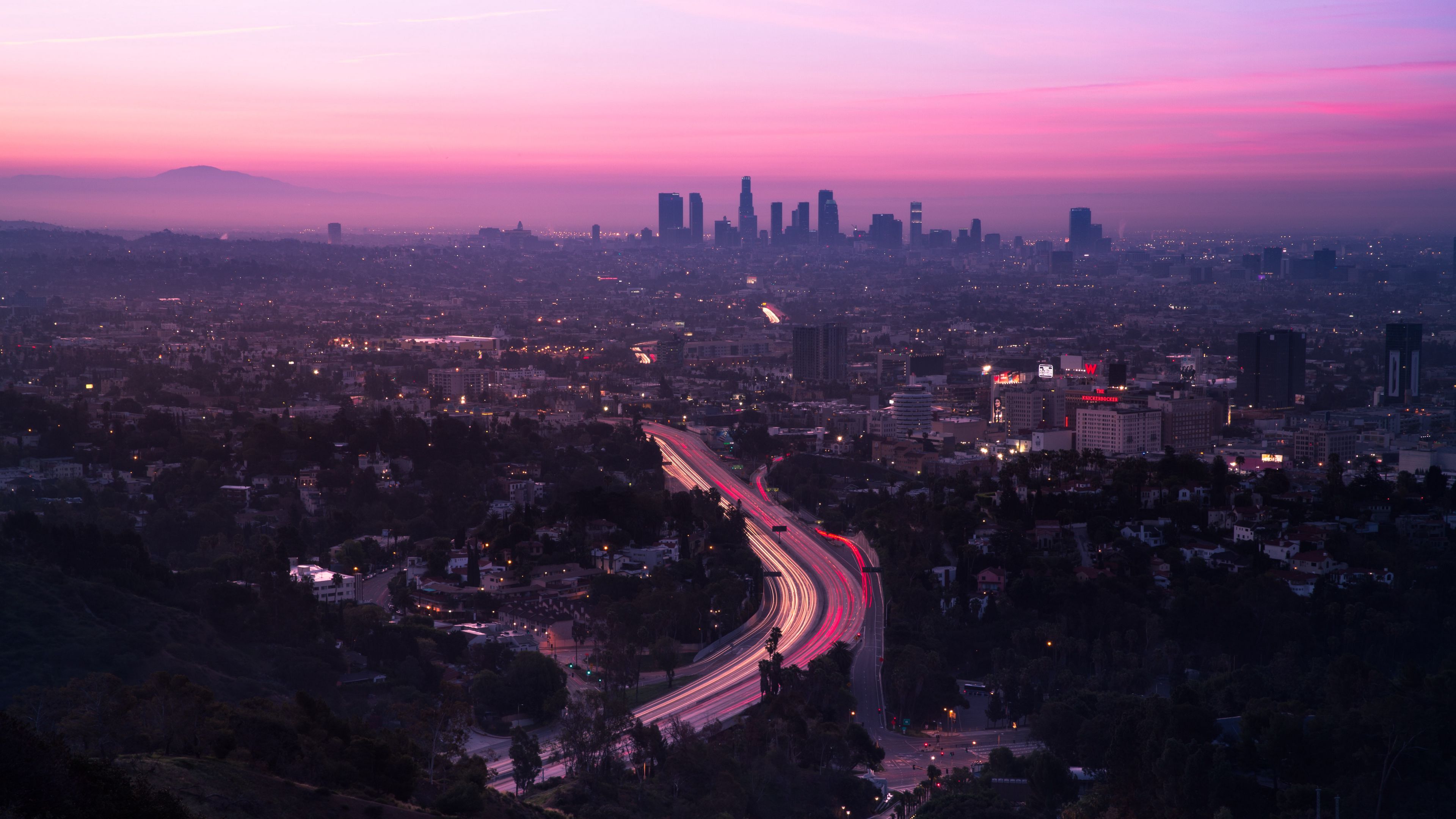 3840x2160 Wallpaper city, aerial view, road, sunset, los angeles, united states