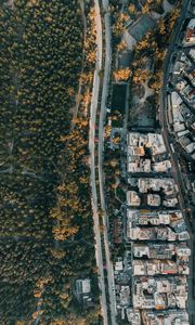 Preview wallpaper city, aerial view, road, buildings, forest