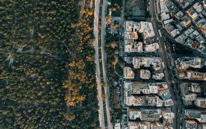 Preview wallpaper city, aerial view, road, buildings, forest