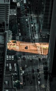 Preview wallpaper city, aerial view, street, buildings, movement, light, gray