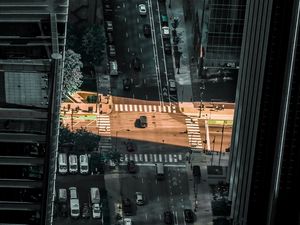 Preview wallpaper city, aerial view, street, buildings, movement, light, gray