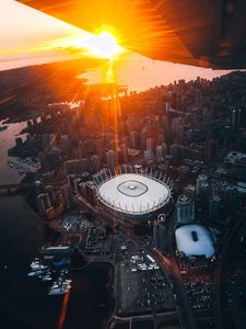 Preview wallpaper city, aerial view, sunset, sunlight, architecture