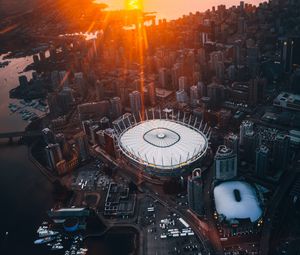 Preview wallpaper city, aerial view, sunset, sunlight, architecture