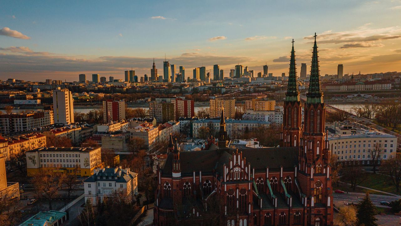 Wallpaper city, aerial view, twilight, buildings, architecture