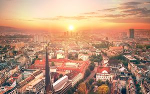 Preview wallpaper city, architecture, tower, buildings, sunset