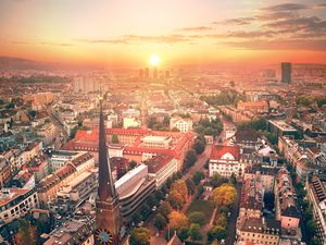 Preview wallpaper city, architecture, tower, buildings, sunset