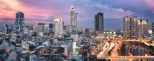 Preview wallpaper city, architecture, towers, buildings, evening
