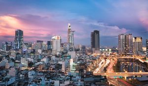 Preview wallpaper city, architecture, towers, buildings, evening