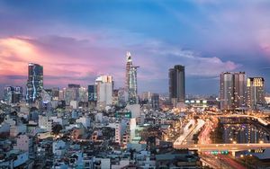Preview wallpaper city, architecture, towers, buildings, evening