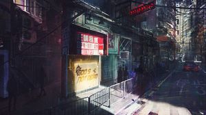 Download wallpaper 2048x1152 cyborg, hologram, cyberpunk, street