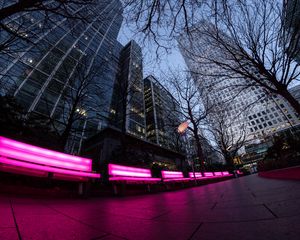 Preview wallpaper city, benches, neon, trees, buildings, lights