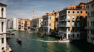 Preview wallpaper city, board, river, buildings, aerial view, venice