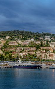 Preview wallpaper city, boat, pier, sea, hills