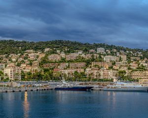 Preview wallpaper city, boat, pier, sea, hills