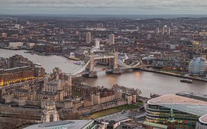 Preview wallpaper city, bridge, buildings, evening