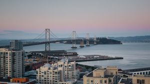 Preview wallpaper city, bridge, buildings, aerial view, twilight