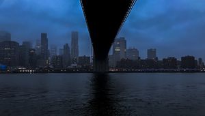 Preview wallpaper city, bridge, buildings, water, twilight, dark