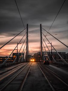 Preview wallpaper city, bridge, cars, transport, evening