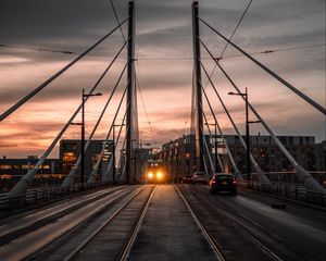 Preview wallpaper city, bridge, cars, transport, evening