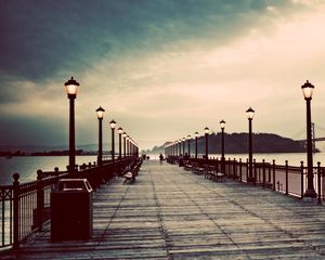 Preview wallpaper city, bridge, lights, light, fog, pier