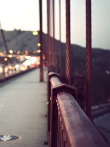 Preview wallpaper city, bridge, rail, fog, blurred, glare, cars, traffic