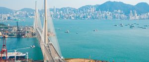 Preview wallpaper city, bridge, road, architecture, ocean, mountains