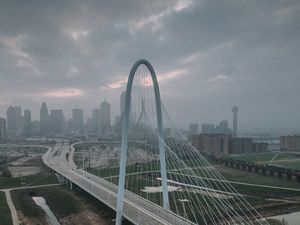 Preview wallpaper city, bridge, road, buildings, aerial view