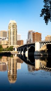 Preview wallpaper city, bridge, skyscrapers, reflection, river, architecture