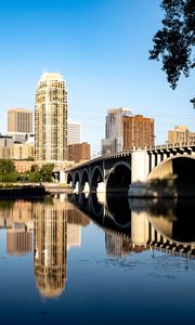 Preview wallpaper city, bridge, skyscrapers, reflection, river, architecture