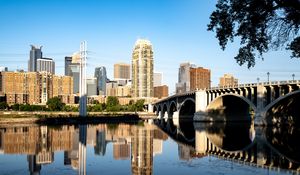 Preview wallpaper city, bridge, skyscrapers, reflection, river, architecture