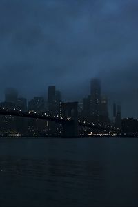 Preview wallpaper city, bridge, water, fog, twilight, dark