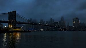 Preview wallpaper city, bridge, water, fog, twilight, dark