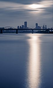 Preview wallpaper city, bridge, water, sun, reflection