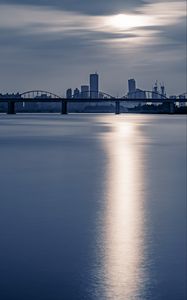 Preview wallpaper city, bridge, water, sun, reflection