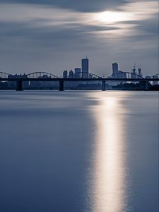 Preview wallpaper city, bridge, water, sun, reflection