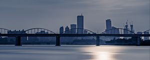 Preview wallpaper city, bridge, water, sun, reflection