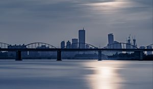 Preview wallpaper city, bridge, water, sun, reflection