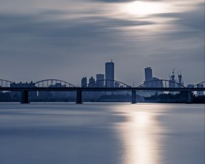 Preview wallpaper city, bridge, water, sun, reflection