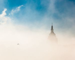 Preview wallpaper city, budapest, morning, fog, sky, bird