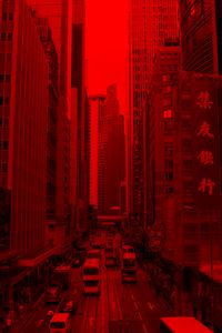 Preview wallpaper city, building, car road, red, effect