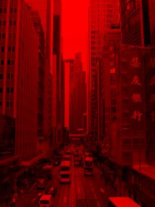 Preview wallpaper city, building, car road, red, effect