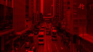 Preview wallpaper city, building, car road, red, effect