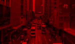 Preview wallpaper city, building, car road, red, effect