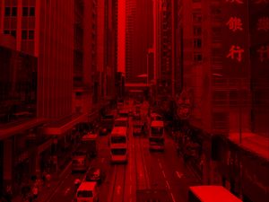 Preview wallpaper city, building, car road, red, effect