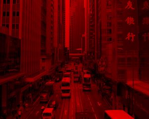 Preview wallpaper city, building, car road, red, effect