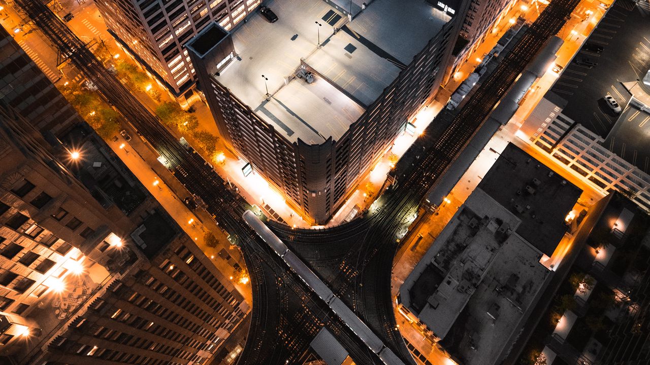 Wallpaper city, buildings, aerial view, skyscrapers, lights, night