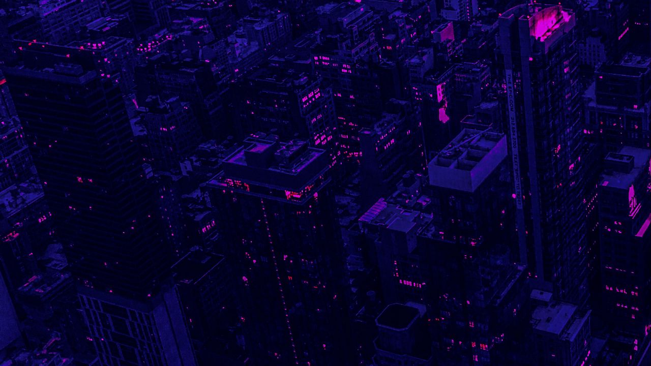 Wallpaper city, buildings, aerial view, purple, dark
