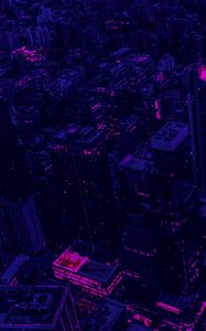 Preview wallpaper city, buildings, aerial view, purple, dark