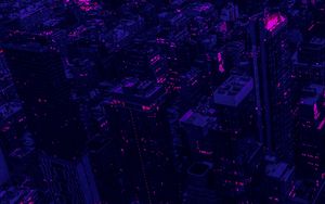 Preview wallpaper city, buildings, aerial view, purple, dark